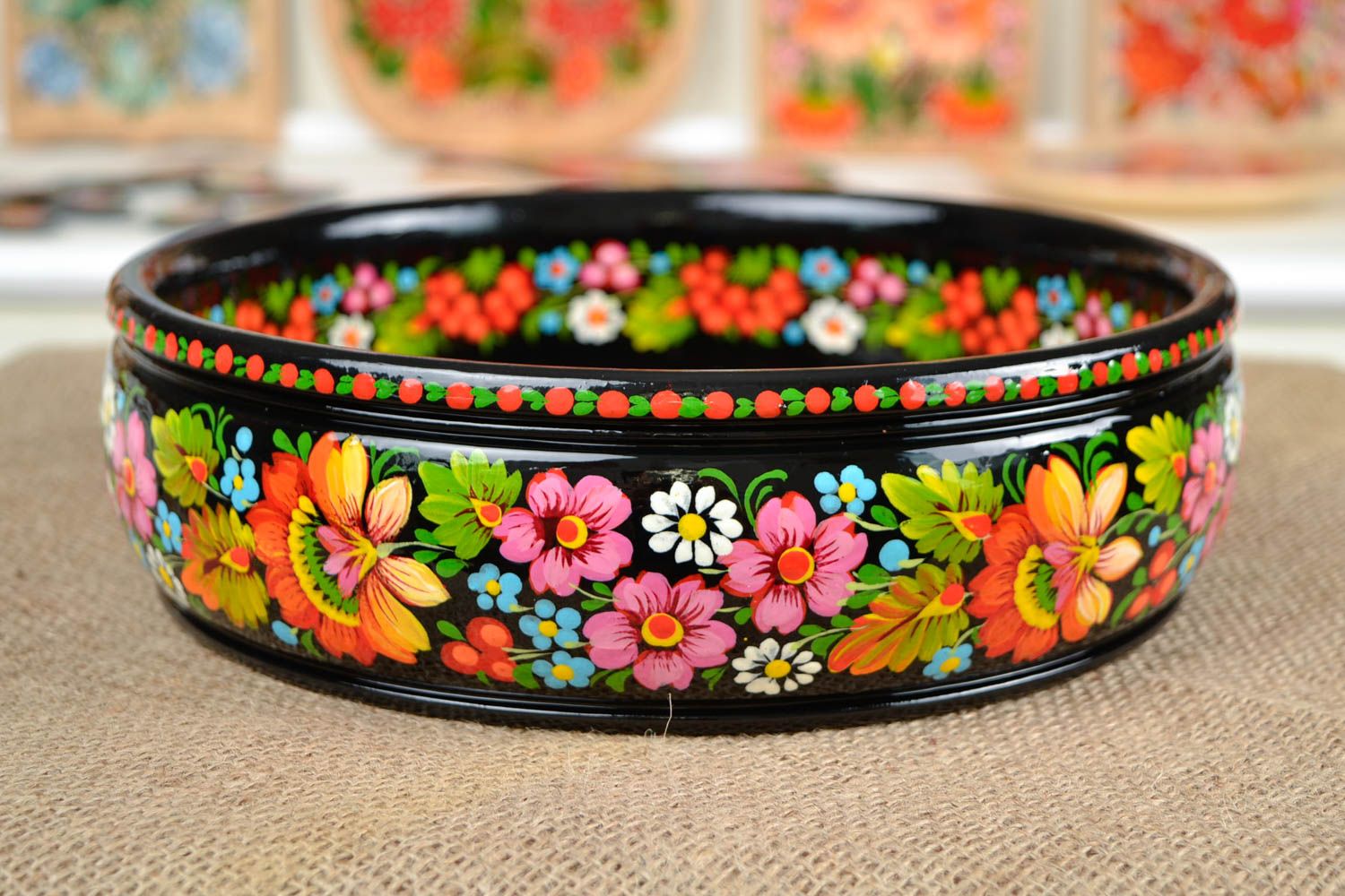 Handmade designer bowl for nuts Petrykivka painting kitchen dish wooden bowl photo 1