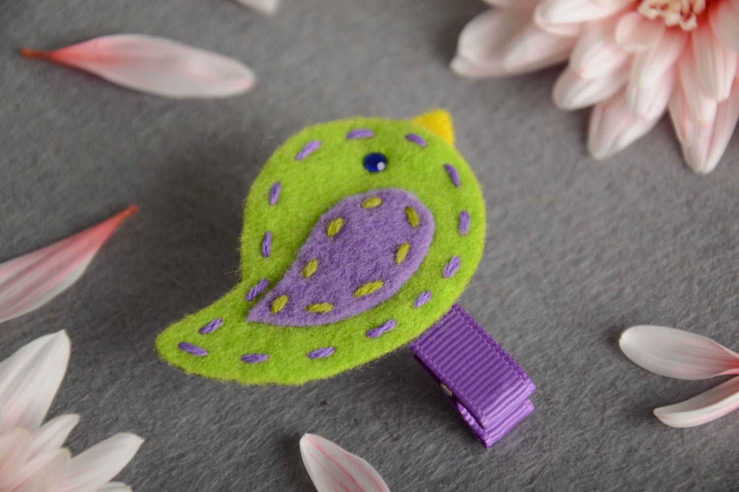 Green handmade small children's fabric hair clip in the shape of bird photo 1