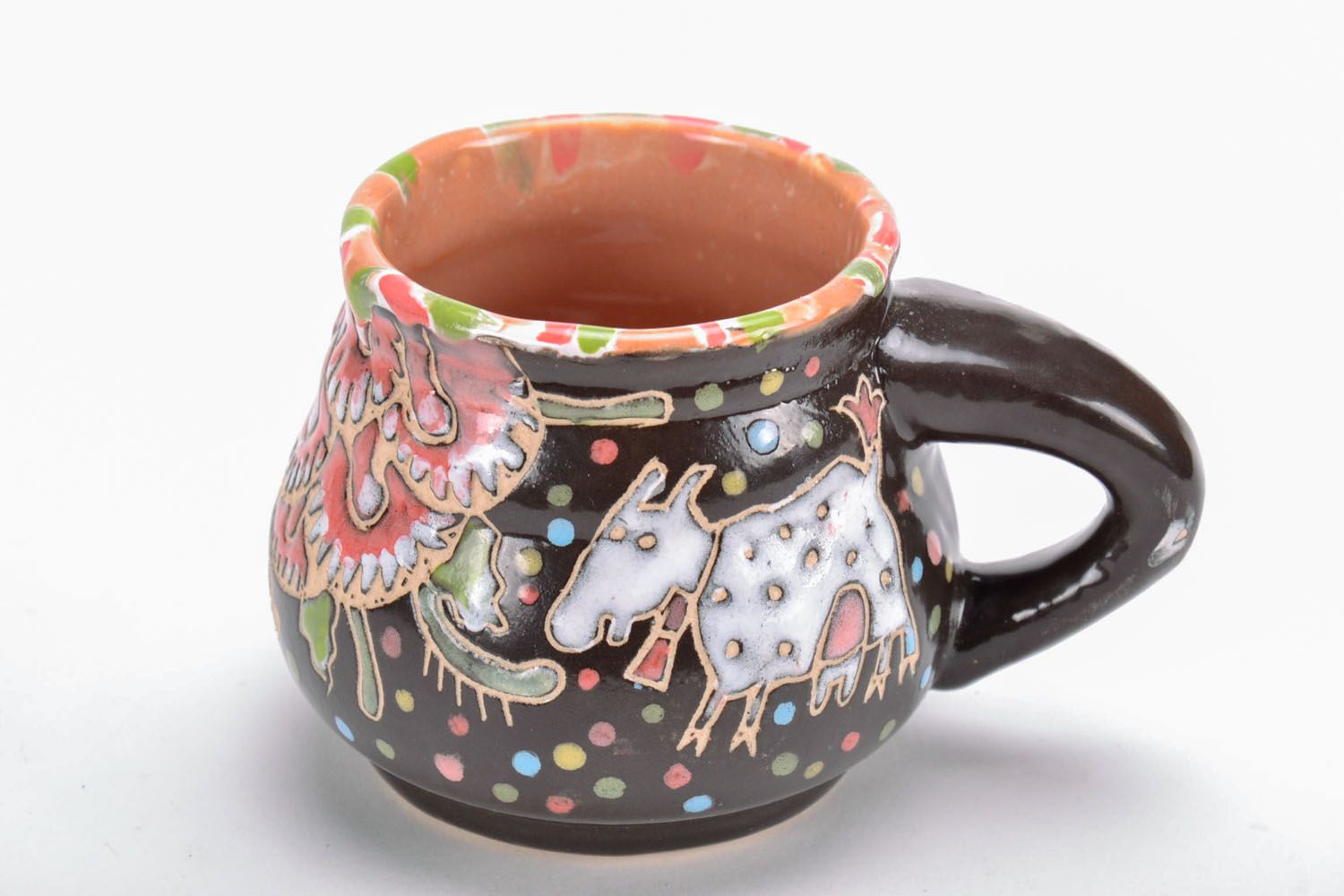 Ceramic coffee cup with handle and glazed with little house pattern photo 2