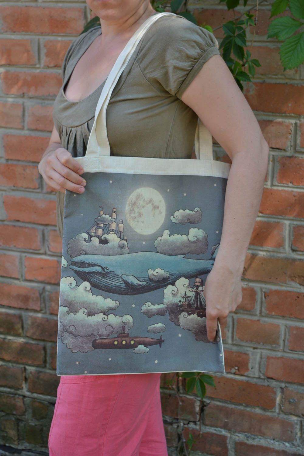 Handmade designer women's fabric bag with image of whale swimming in the sky photo 1