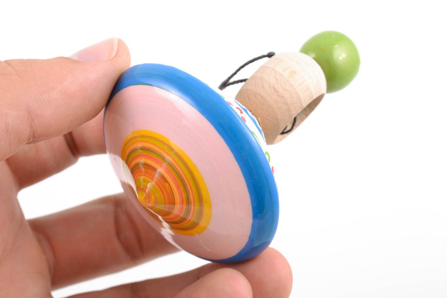 Handmade designer painted wooden spinning top with ring and string eco toy photo 2