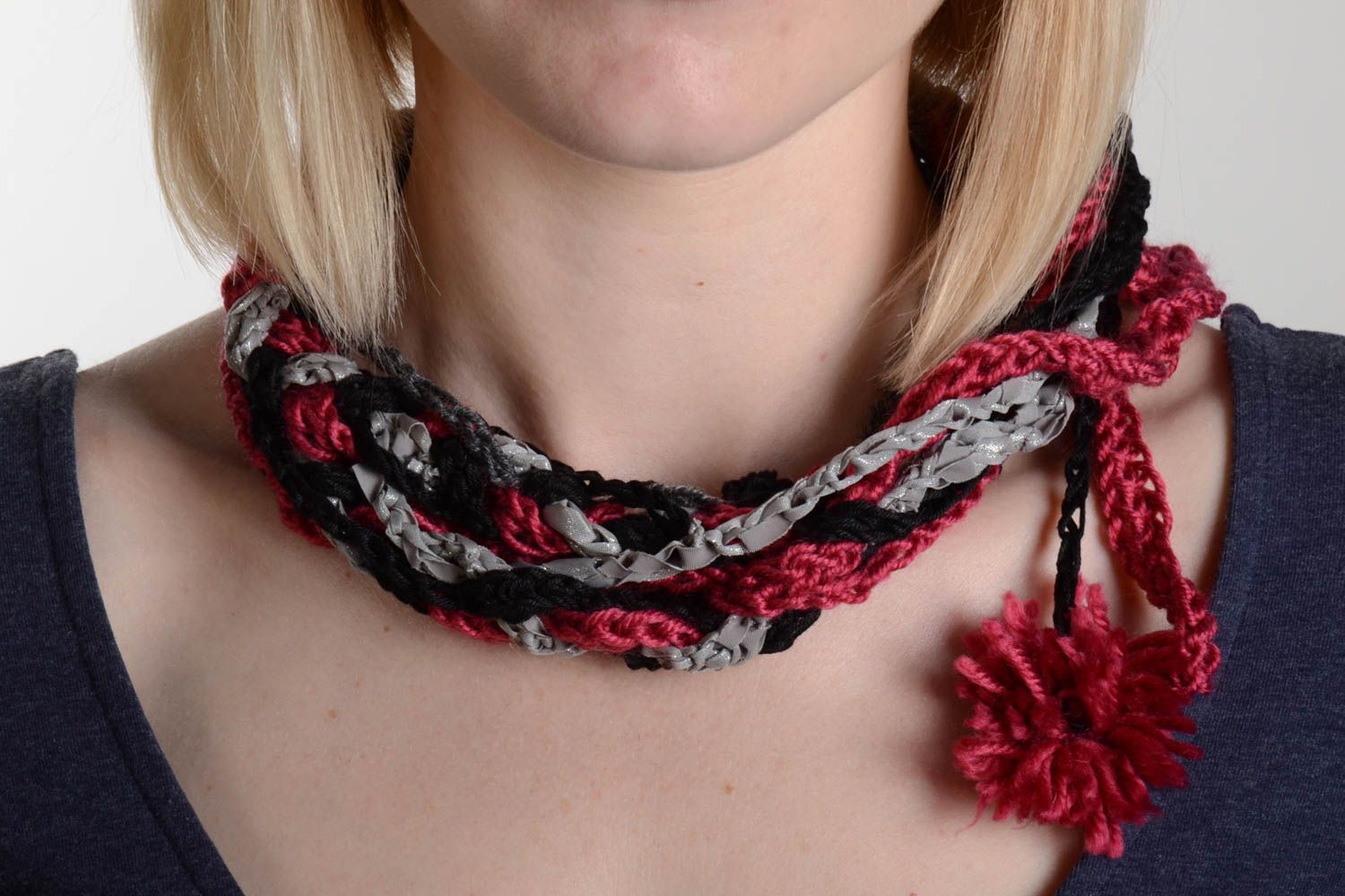 Black and claret handmade unusual crochet necklace textile jewelry photo 1