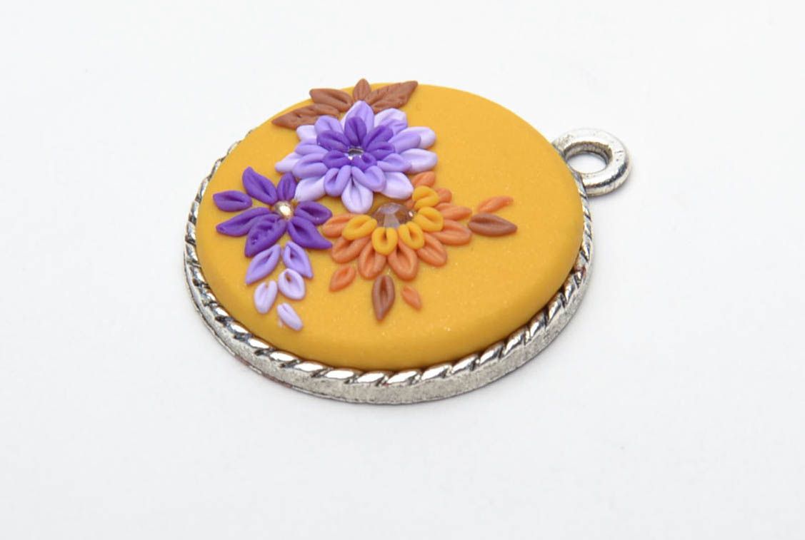 Round polymer clay pendant with flowers photo 2