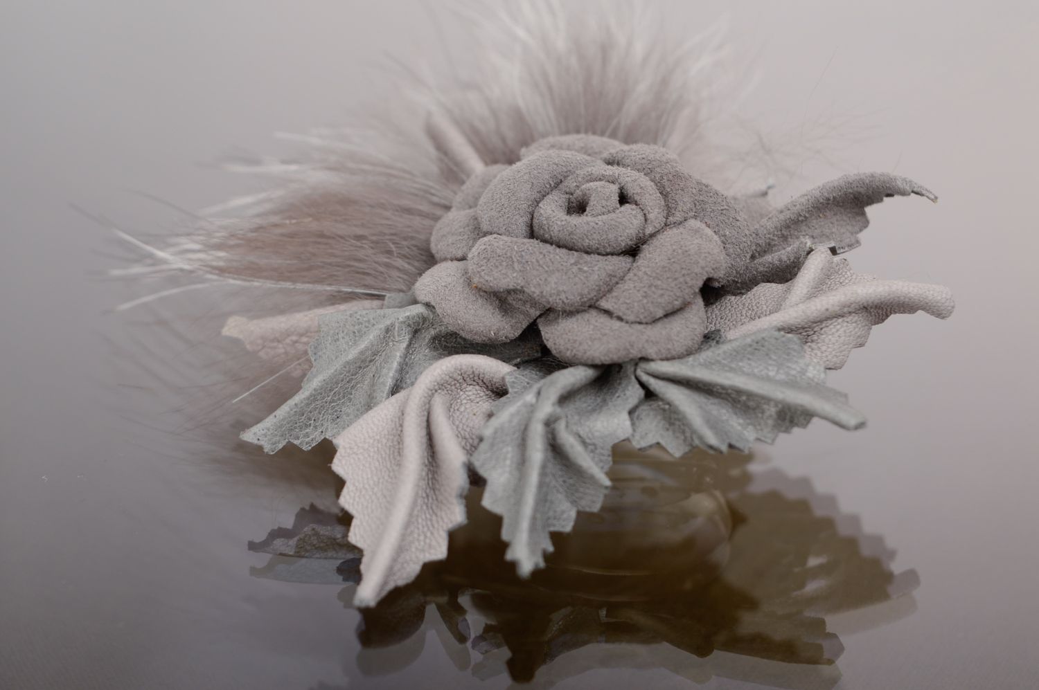 Gray flower brooch-hair clip with fur photo 1