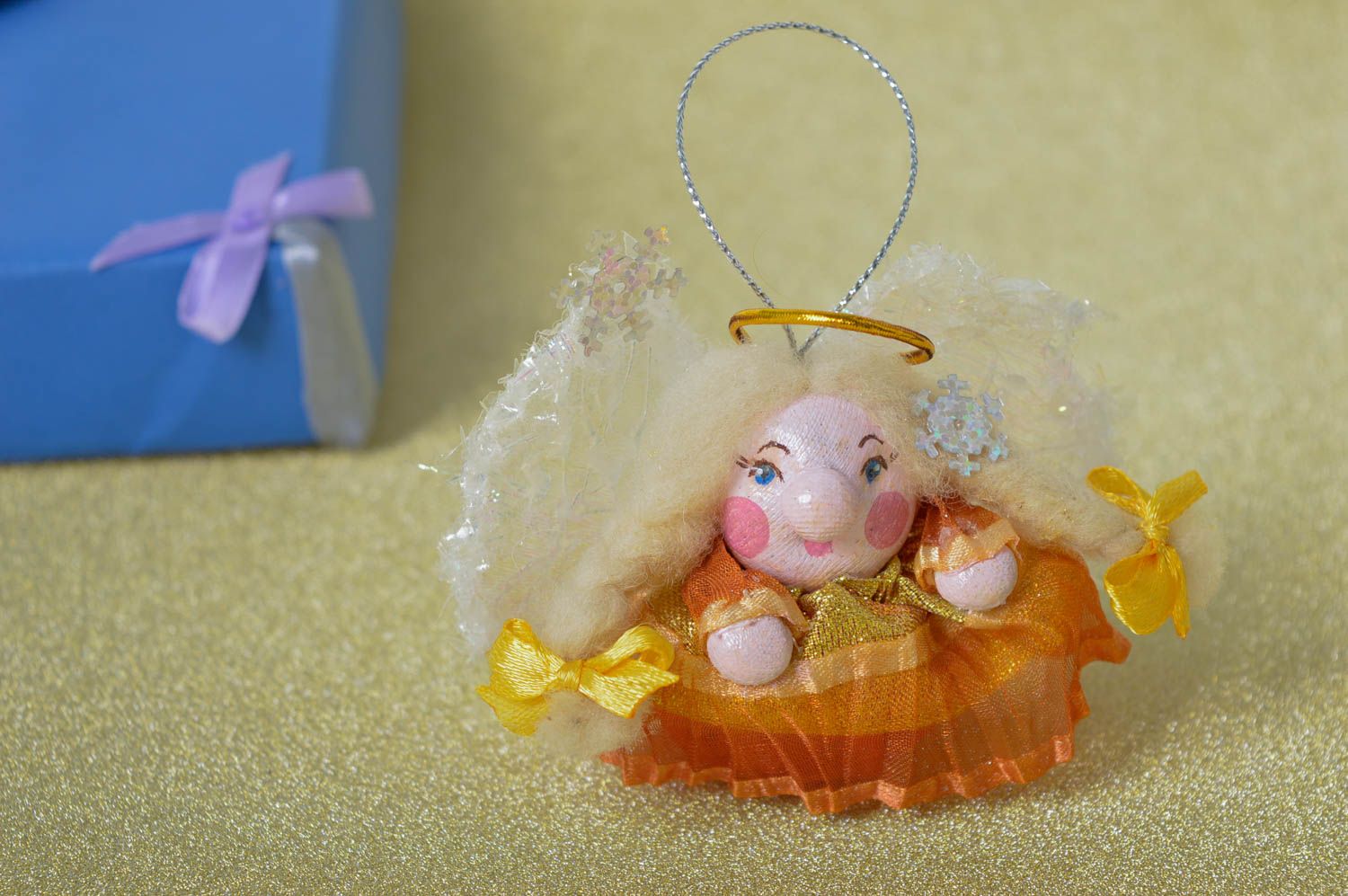 Елочная игрушка ручной работы детская игрушка ангел мягкая игрушка оранжевая фото 1