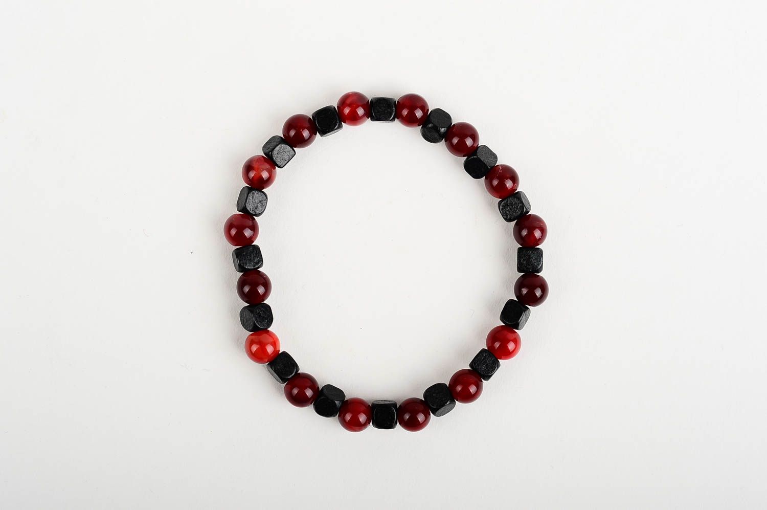 Square and ball beaded stretchy bracelet in black and red colors photo 1