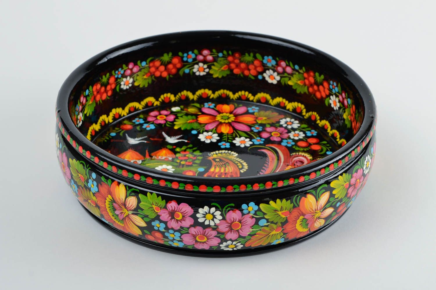 Handmade designer bowl for nuts Petrykivka painting kitchen dish wooden bowl photo 5