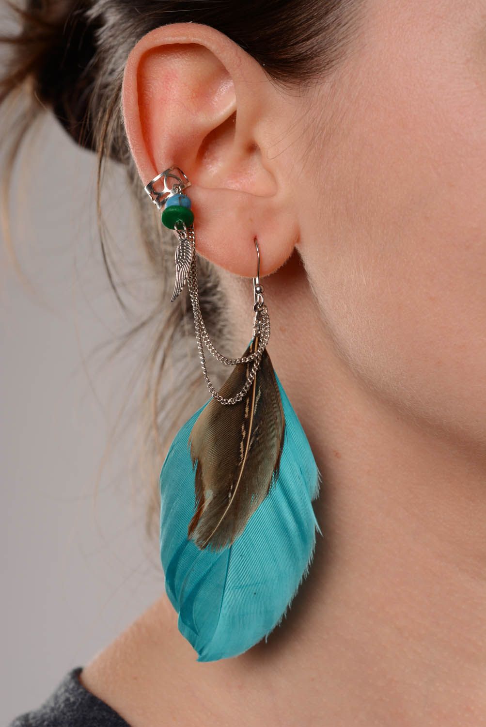 Cuff earrings Turquoise-Feathers photo 3
