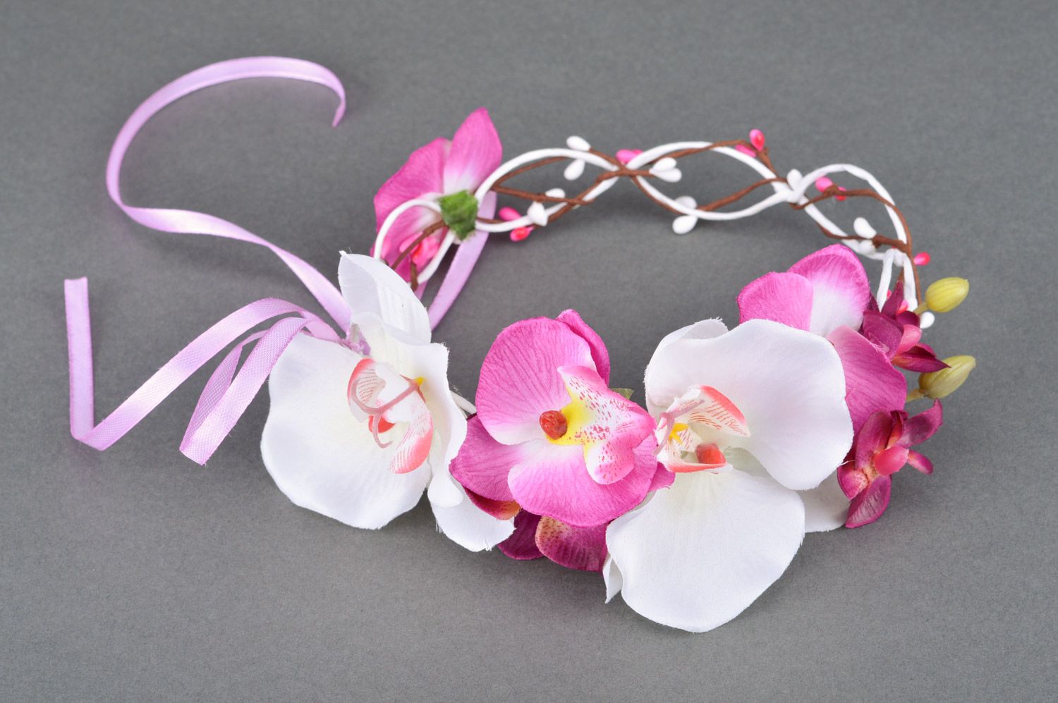 Handmade designer headband with artificial orchid flowers and lilac ribbon  photo 2