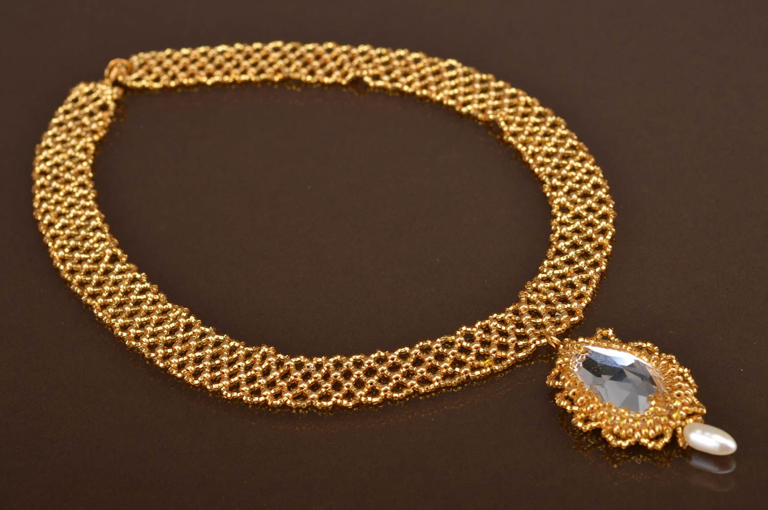Handmade goldish woven beautiful unusual designer pendant made of beads photo 2