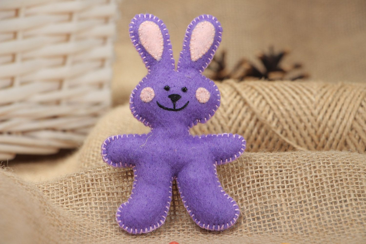 Small handmade flat soft toy sewn of violet felt Rabbit for interior decoration photo 1