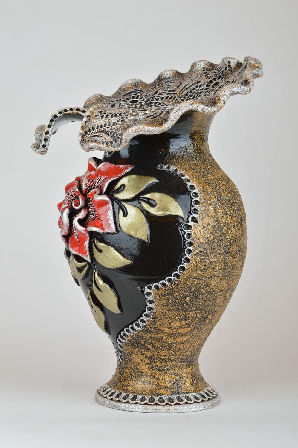Dekorative große bemalte Vase aus Ton mit Blumen 3.5 L künstlerisch handgemacht foto 2