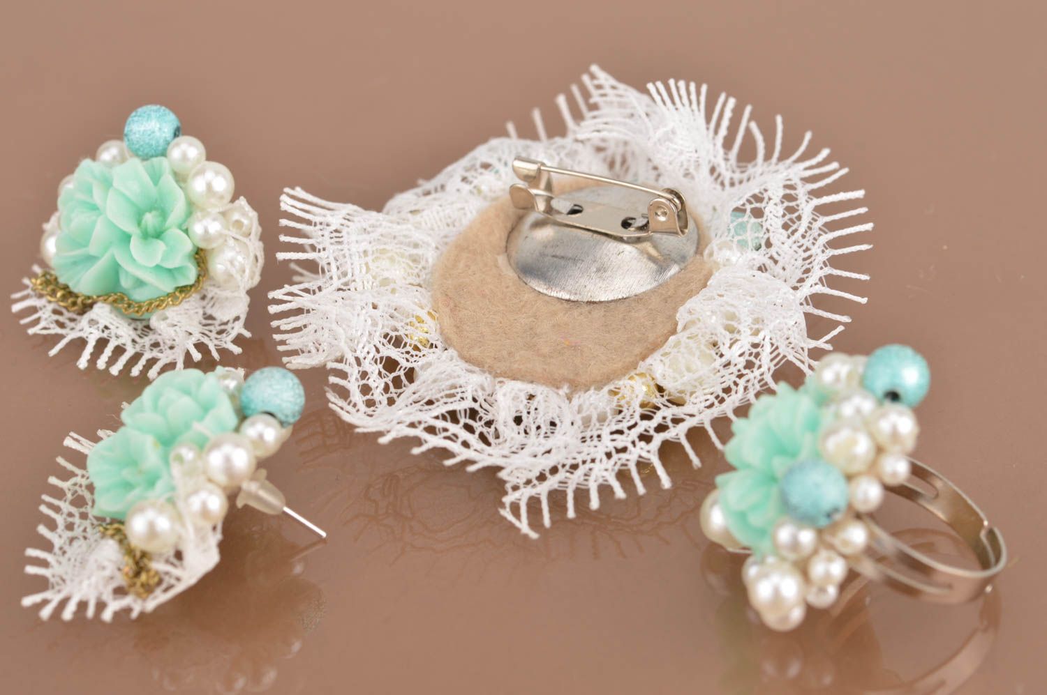 Handmade set of jewelry ring brooch and earrings made of lace and beads photo 5