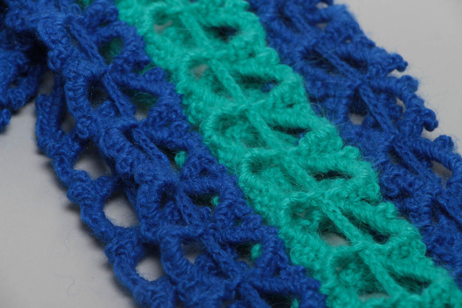 Beautiful stylish handmade long crochet scarf of blue and turquoise colors photo 4