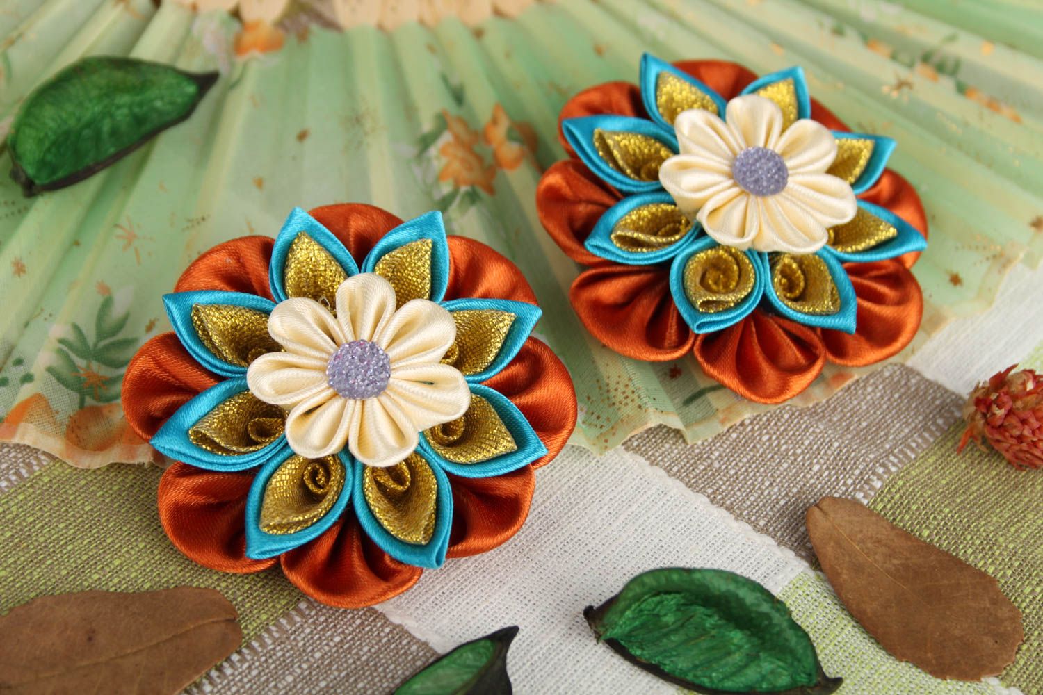 Handmade hair ties kanzashi flowers 2 hair accessories for girls gifts for kids photo 1