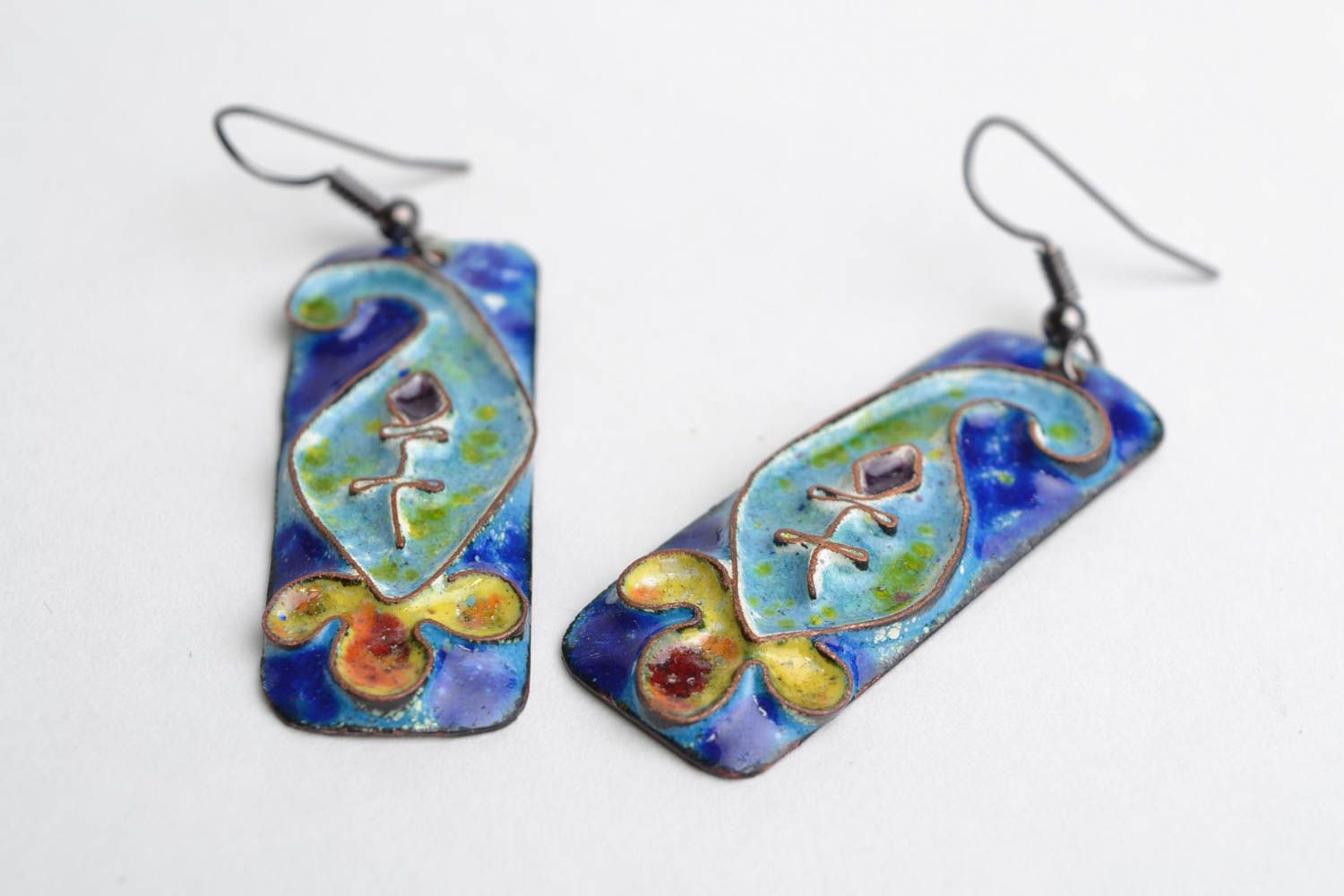 Handmade bright enameled copper rectangular long earrings Blue Flower Buds photo 3