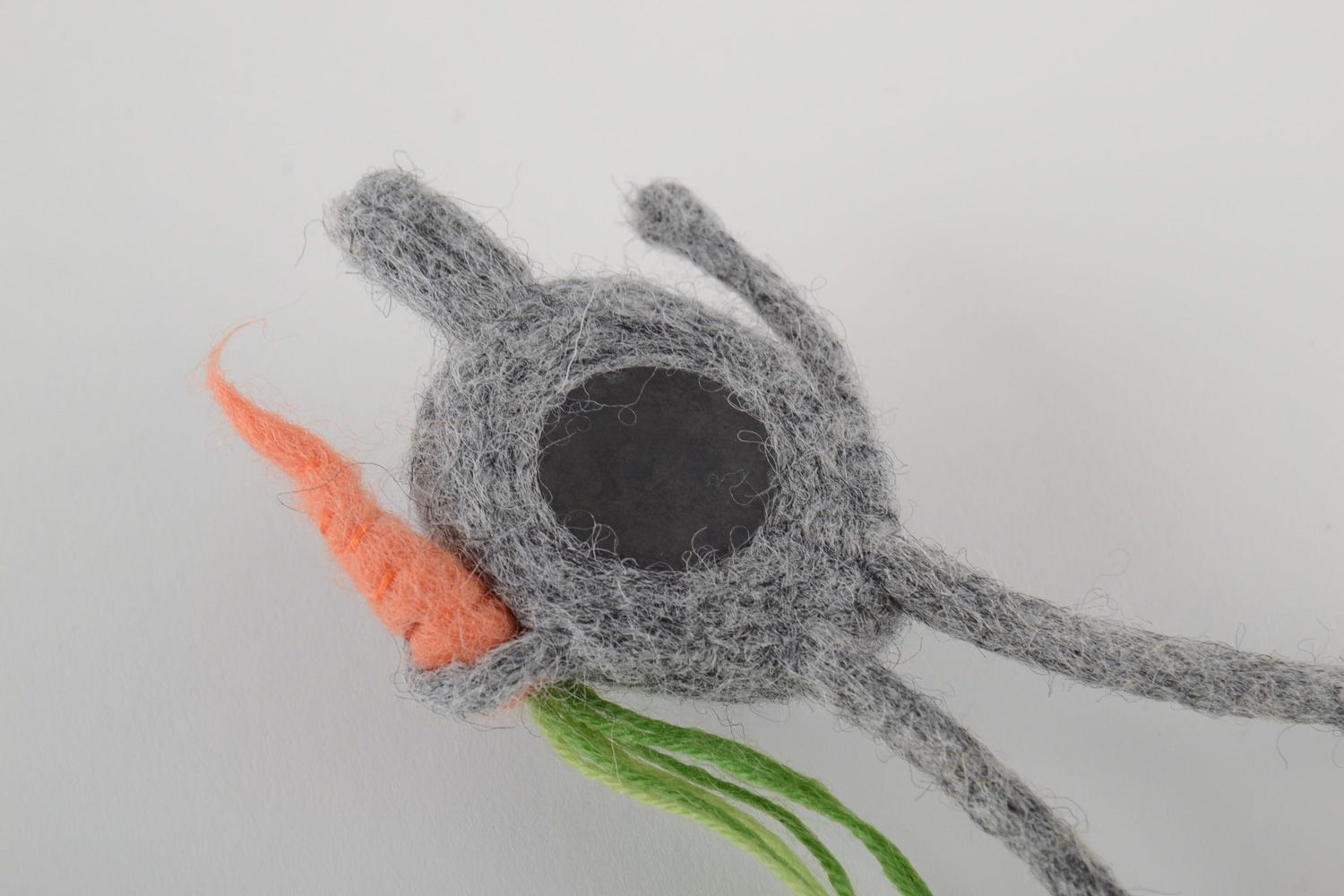 Handmade funny decorative fridge magnet felted of wool gray rabbit with carrot photo 3