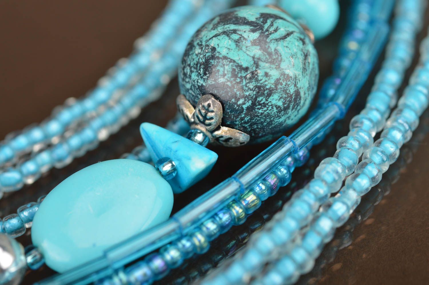 Stylish designer handmade blue multi-row wrist bracelet woven of beads photo 5