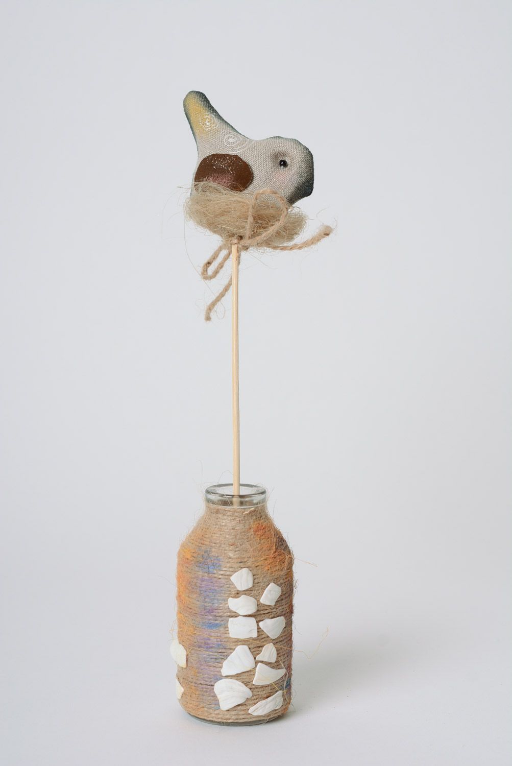 Handmade decorative flowerpot stick soft toy sewn of linen and painted Bird  photo 3