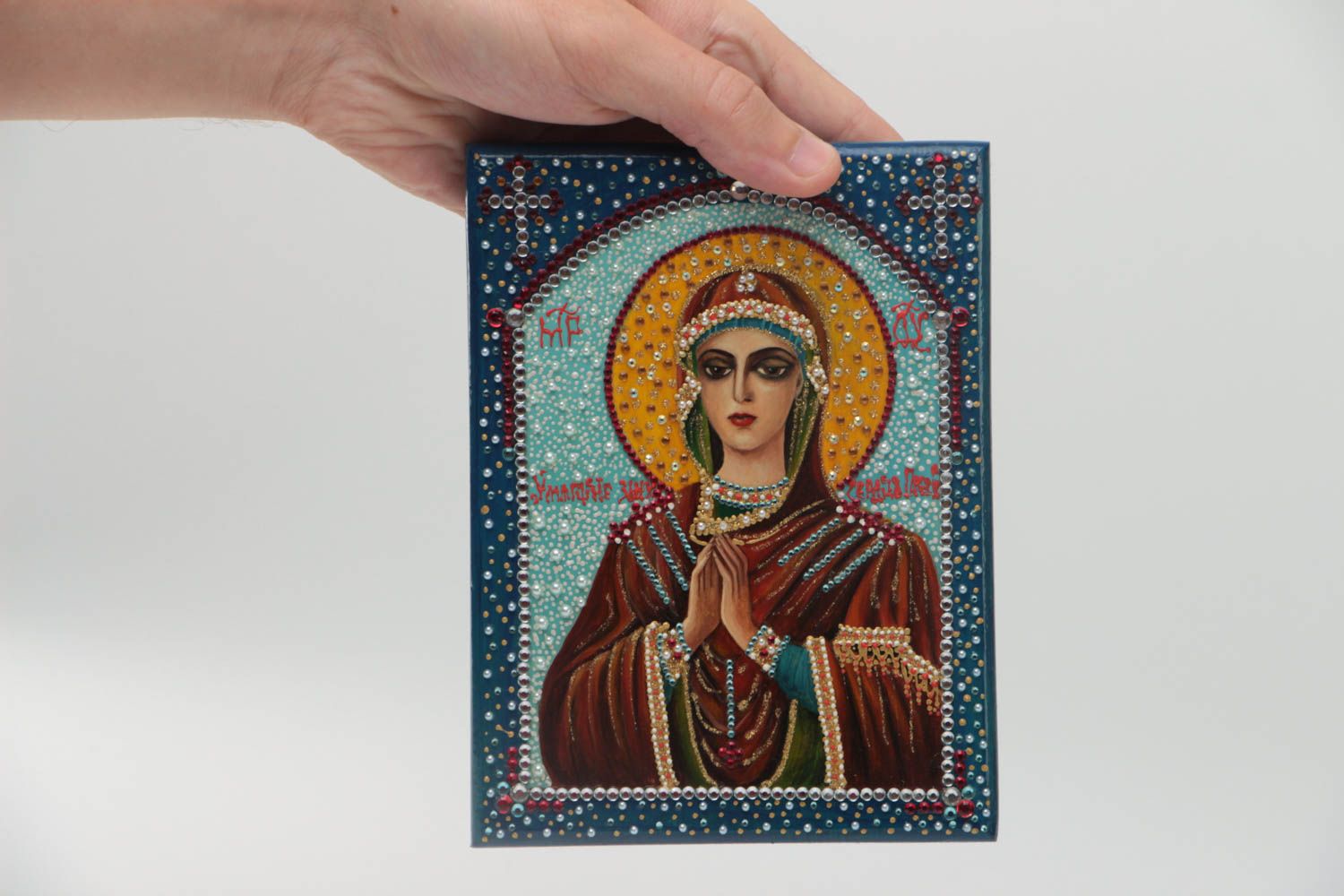 Handmade orthodox wooden icon painted with gouache Softener of Evil Hearts photo 5
