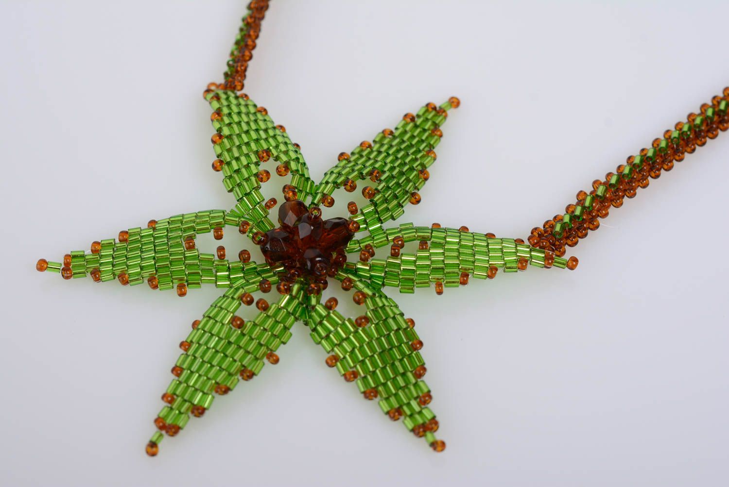 Unusual beautiful handmade woven beaded pendant with flower of lime color photo 3