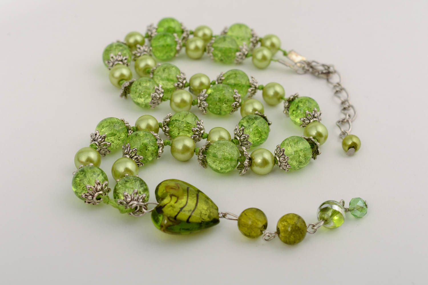 Handmade designer long necklace with green glass beads and ceramic pearls  photo 2