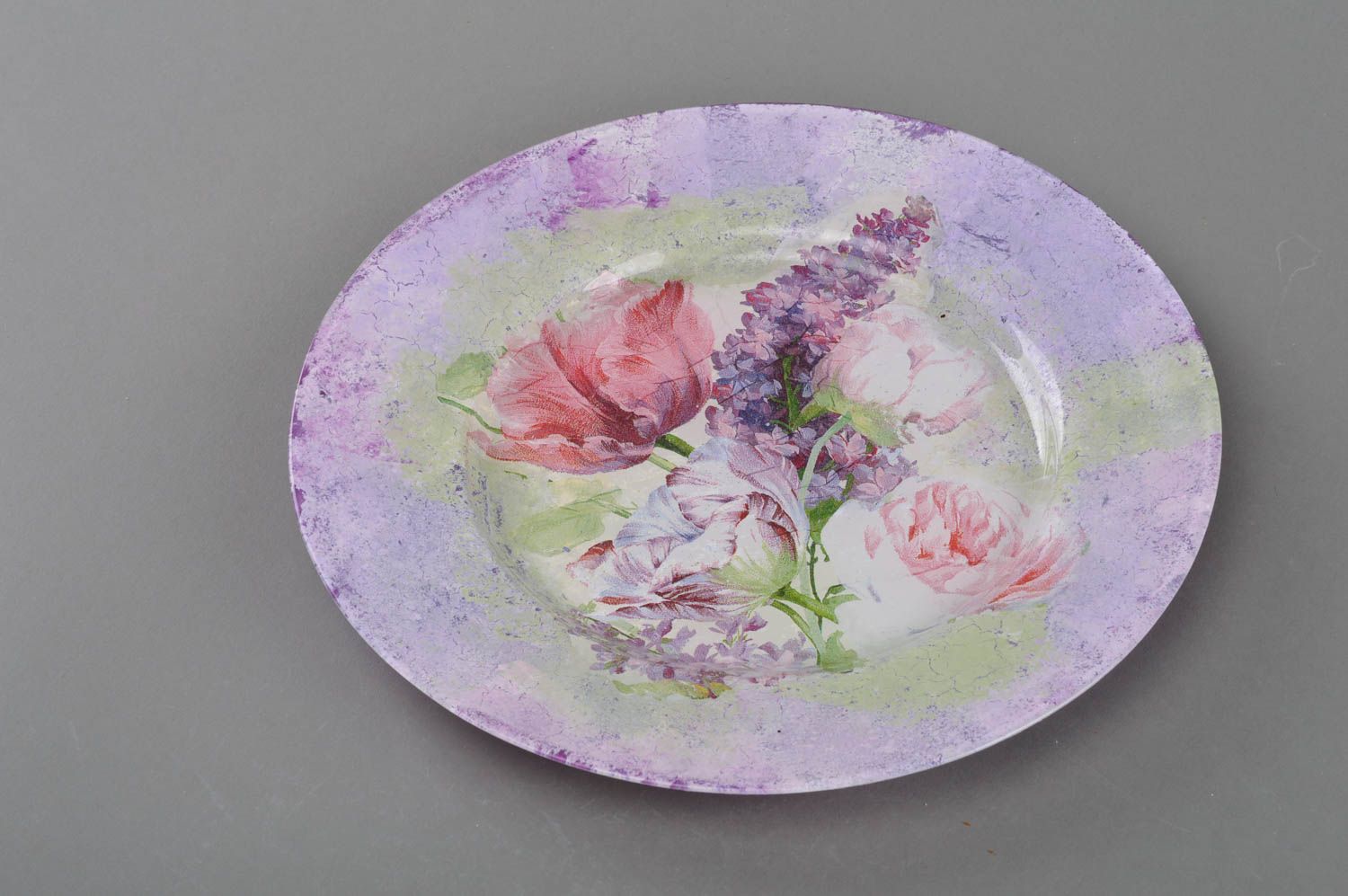 Beautiful handmade vintage glass wall plate with decoupage for home decor photo 1