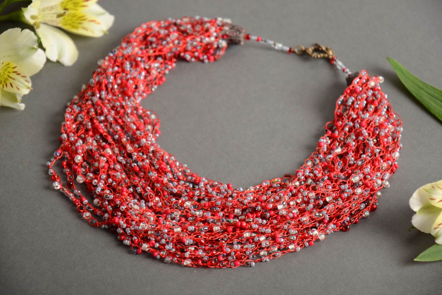 Handmade long airy multi row necklace crocheted of beads in red color palette photo 1