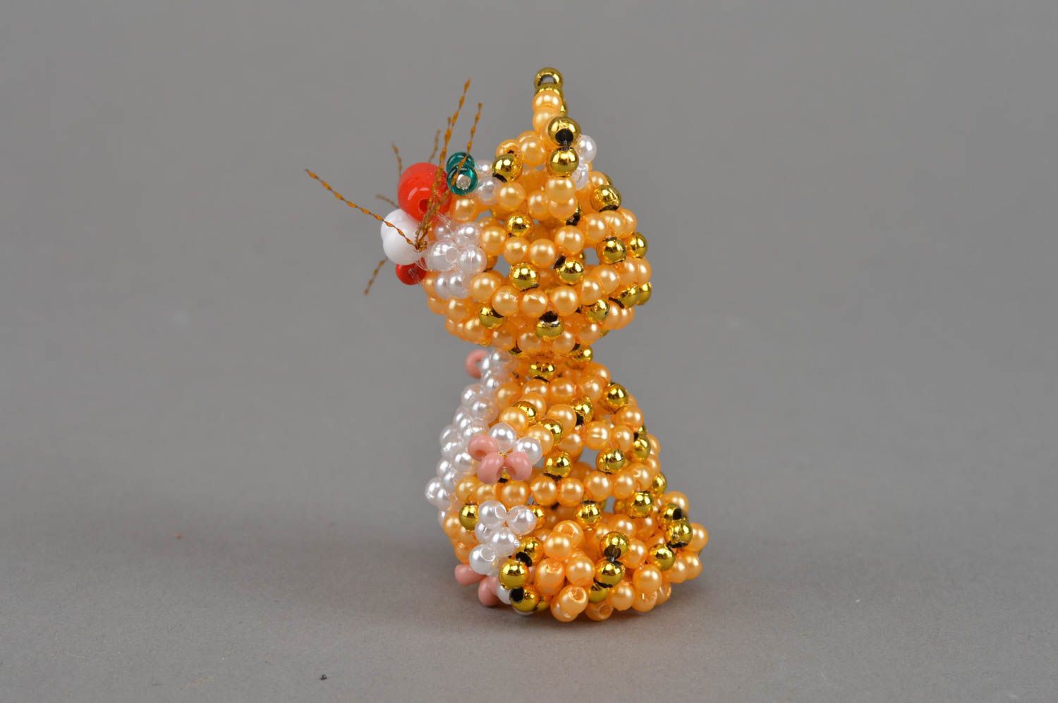 Funny miniature handmade designer beaded animal figurine of yellow kitten photo 4