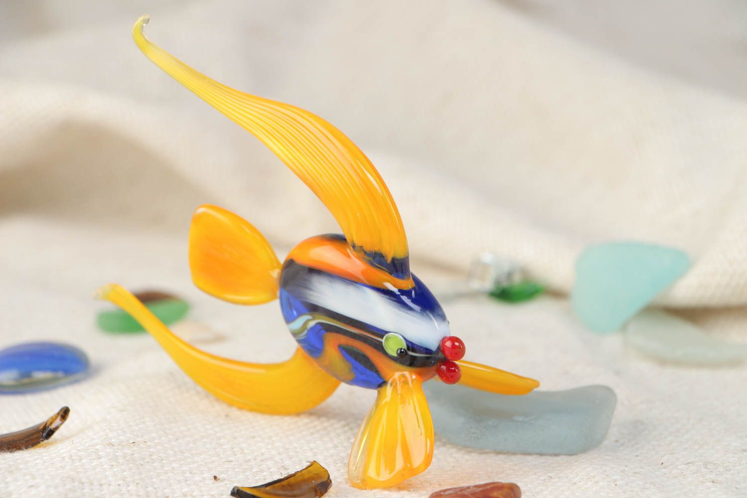 Handmade collectible lampwork glass miniature animal figurine of yellow fish photo 1