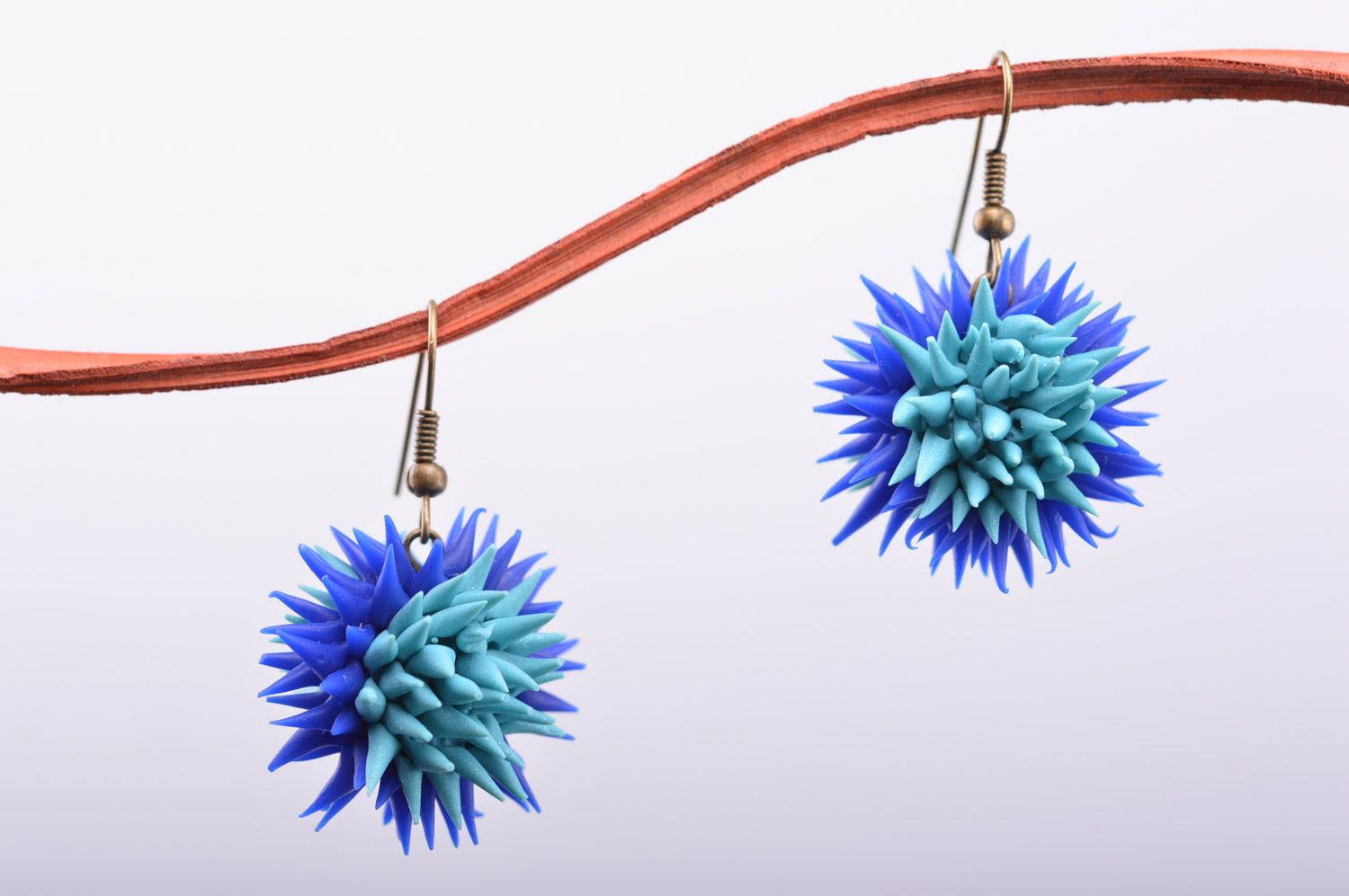 Beautiful blue handmade polymer clay earrings in the shape of sea urchins photo 2