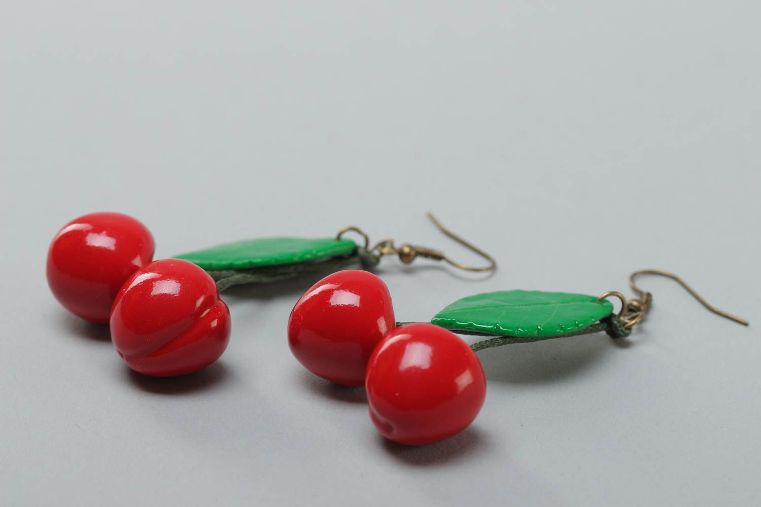 Handmade women's summer polymer clay long earrings in the shape of cherries photo 3