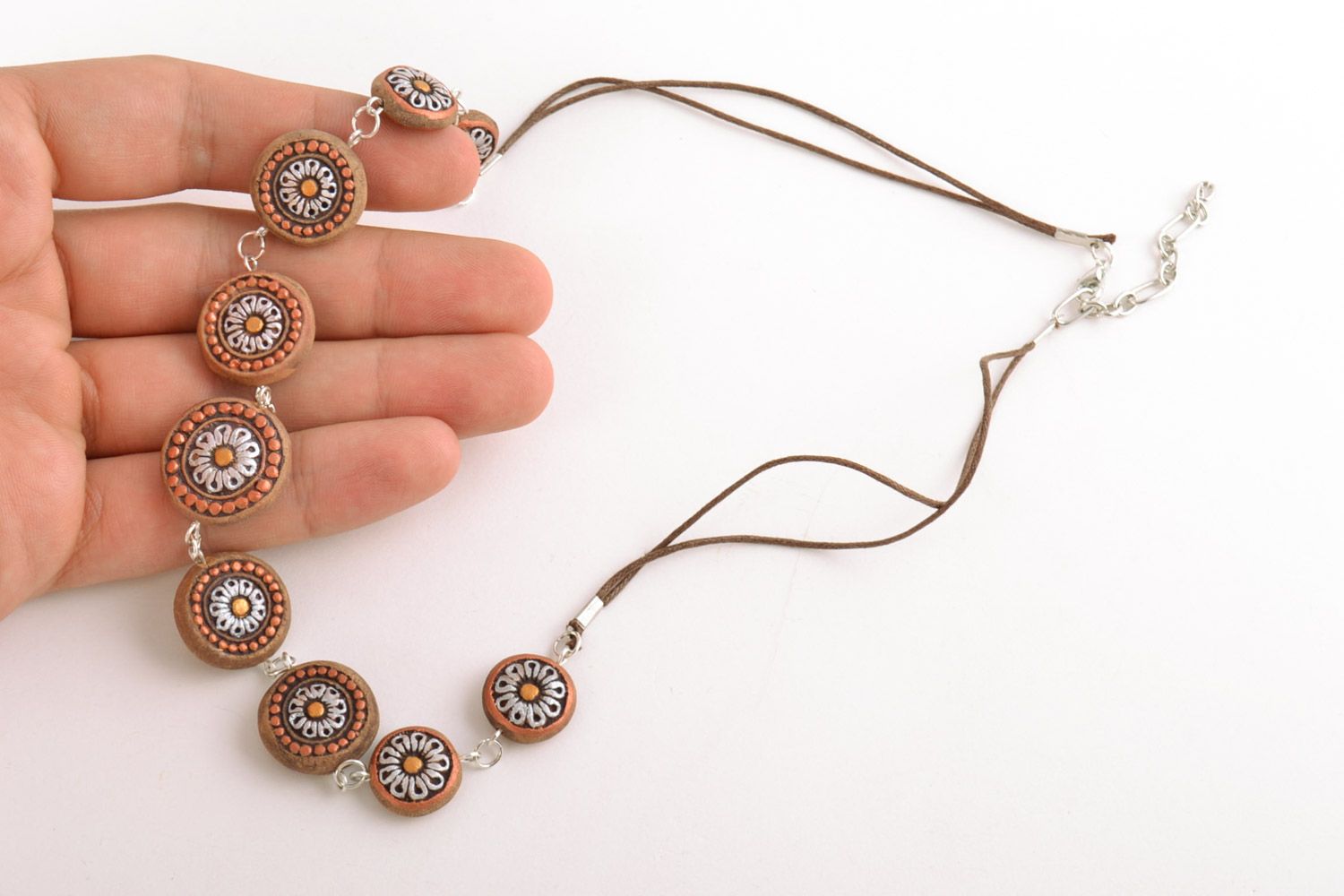 Handmade ceramic bead necklace painted with ornaments in ethnic style for women photo 2