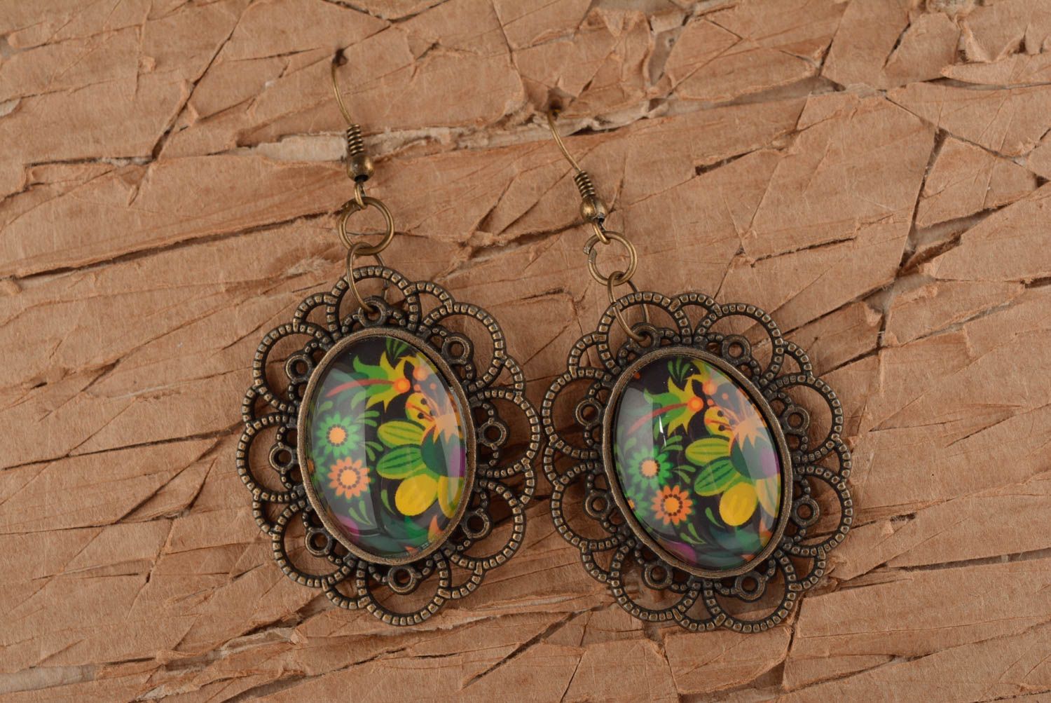 Beautiful handmade metal lace earrings glass earrings accessories for girls photo 1