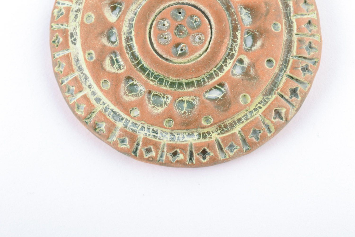 Handmade large light ceramic pendant of round shape with ethnic ornaments  photo 4