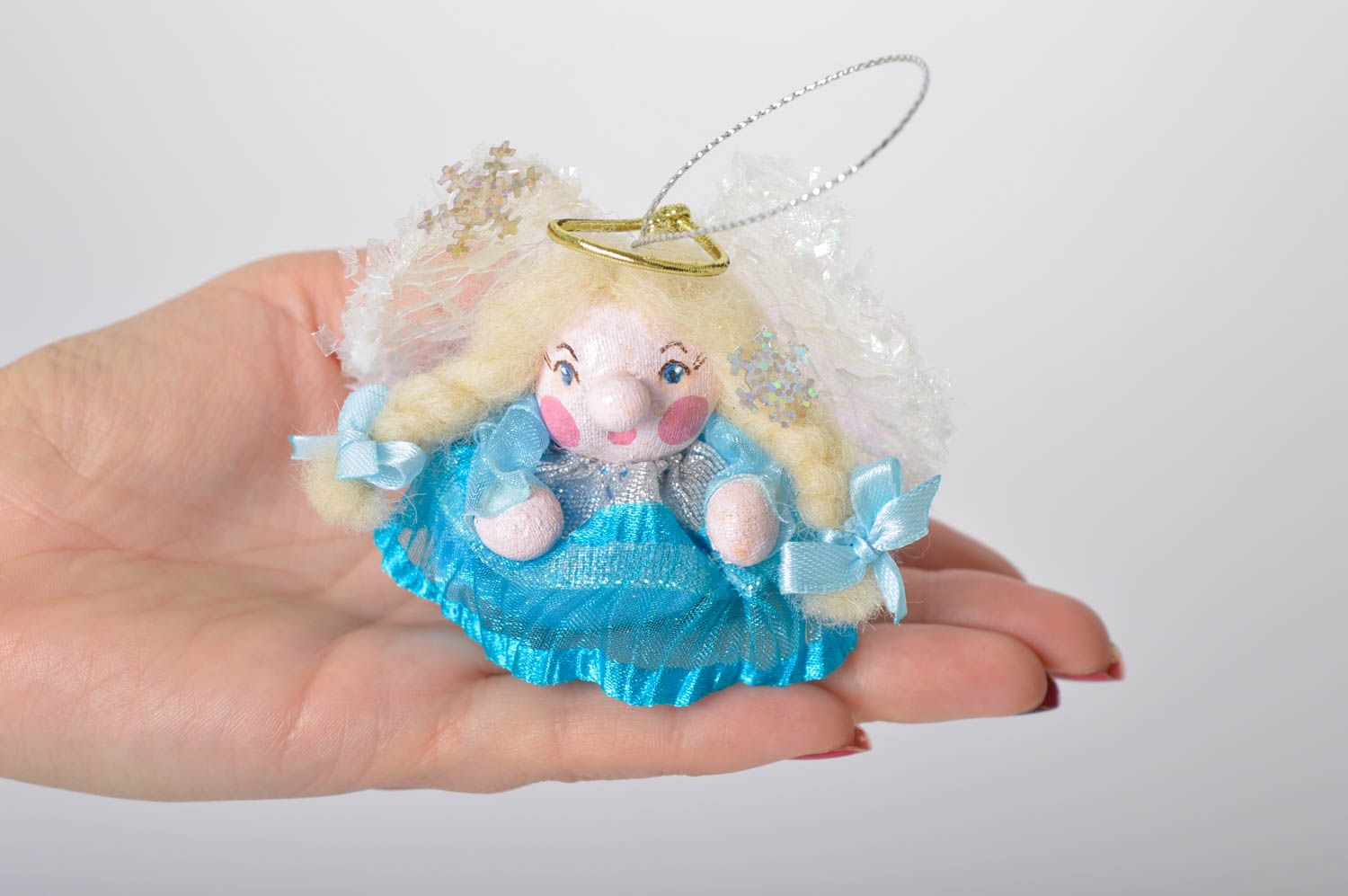Елочная игрушка ручной работы детская игрушка ангел мягкая игрушка голубая фото 4