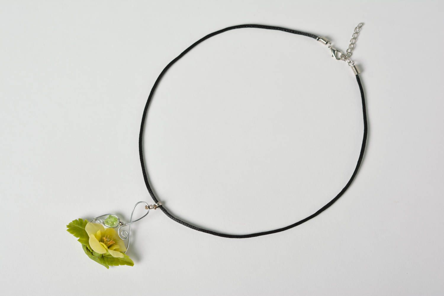 Beautiful handmade designer polymer clay flower pendant with black cord photo 3