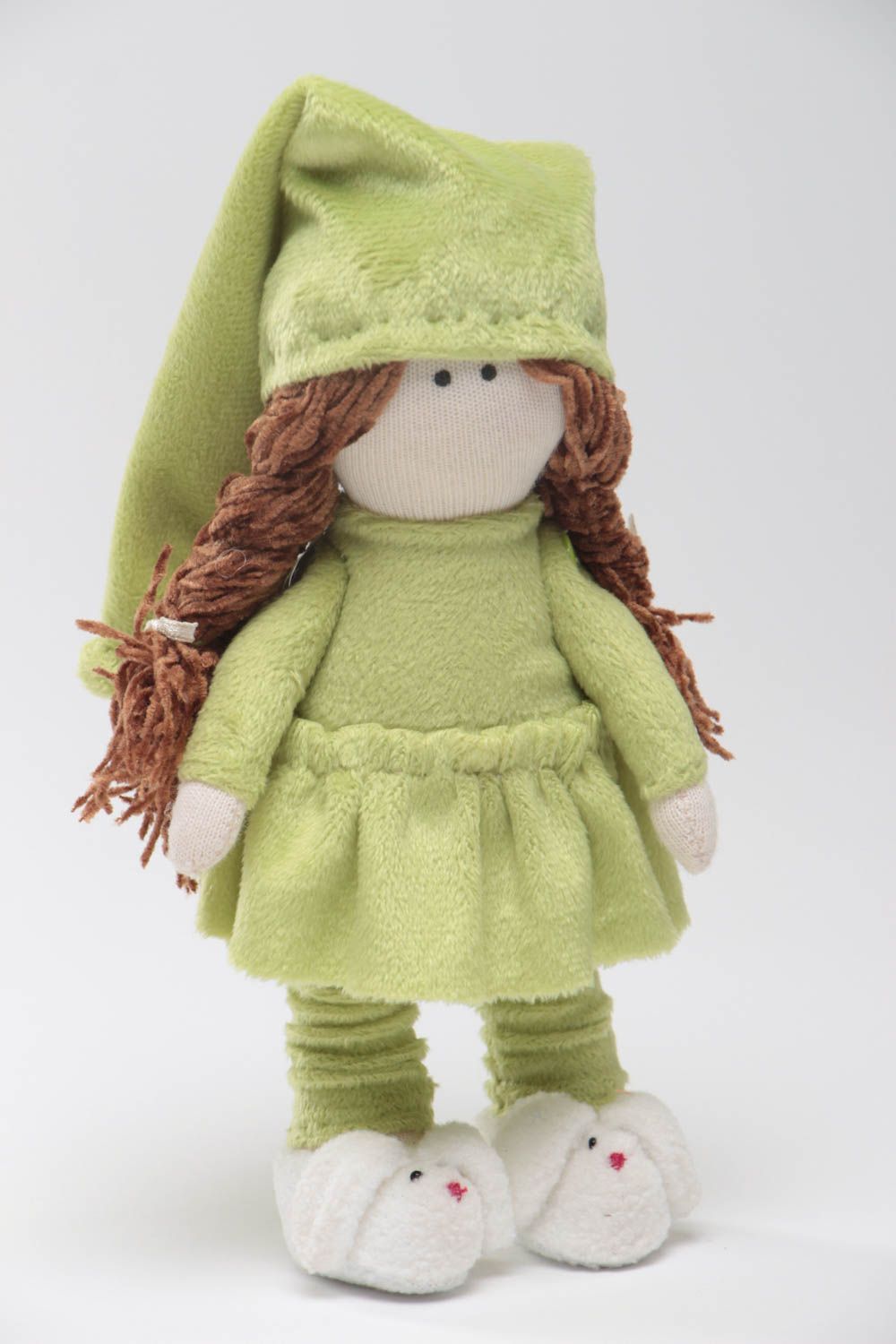 Handmade designer interior fabric soft doll sleepy girl in green pajama photo 2