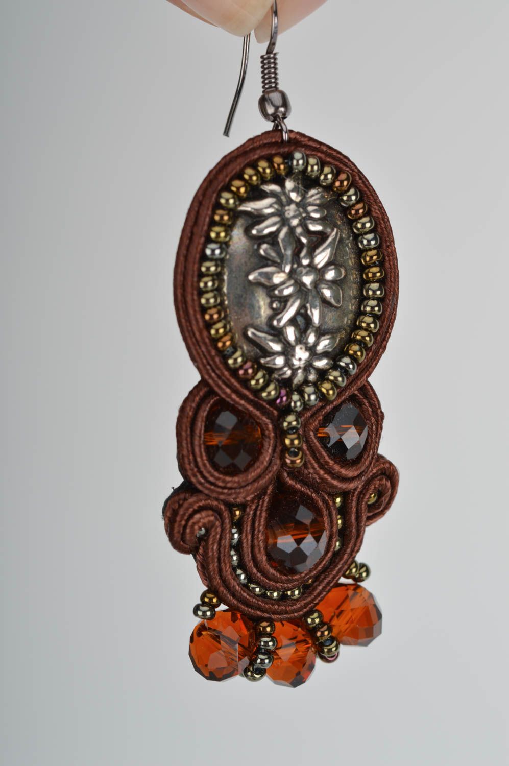 Beautiful handmade long brown soutache earrings with crystals for women photo 3