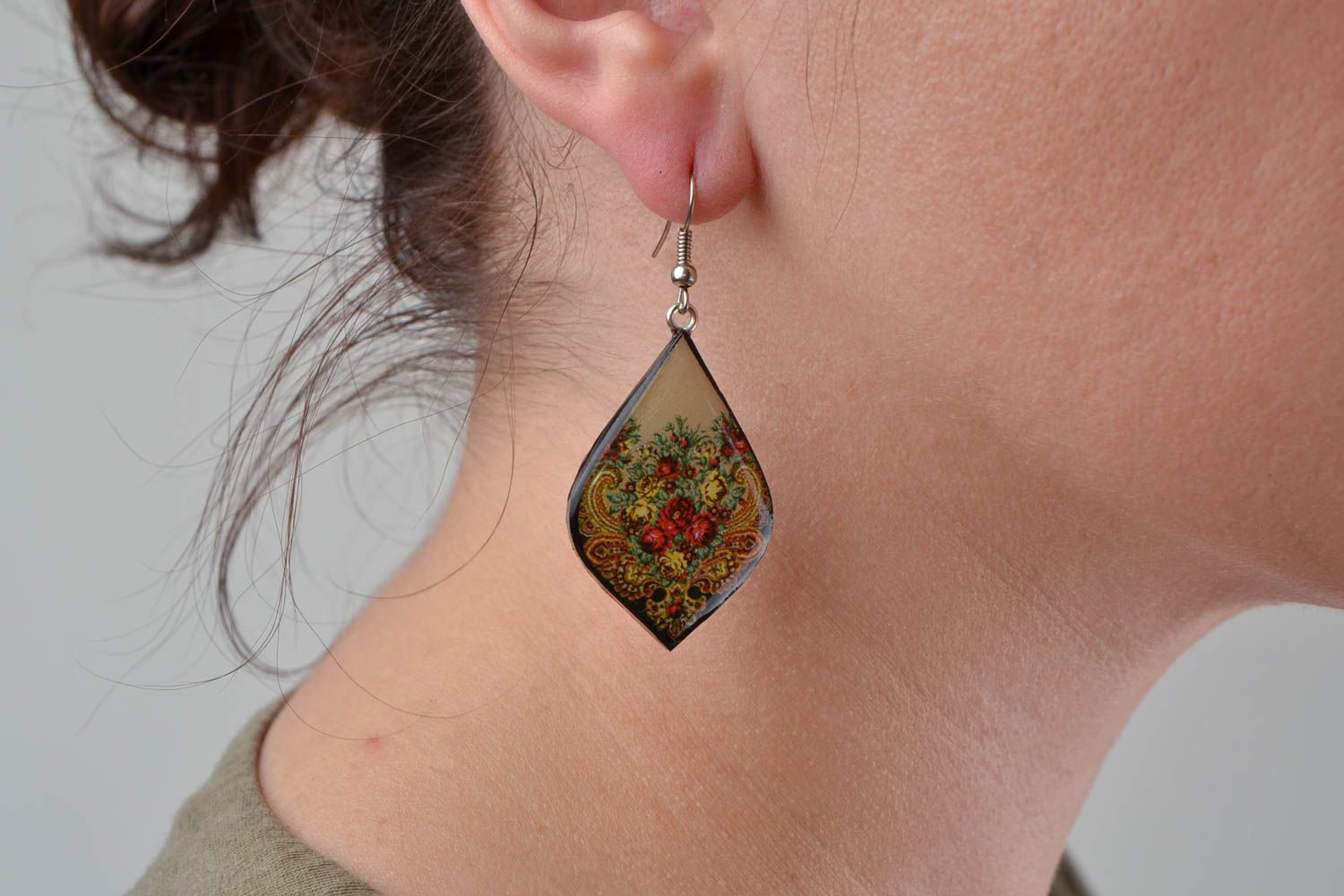 Handmade designer polymer clay decoupage earrings with saturated floral pattern photo 2