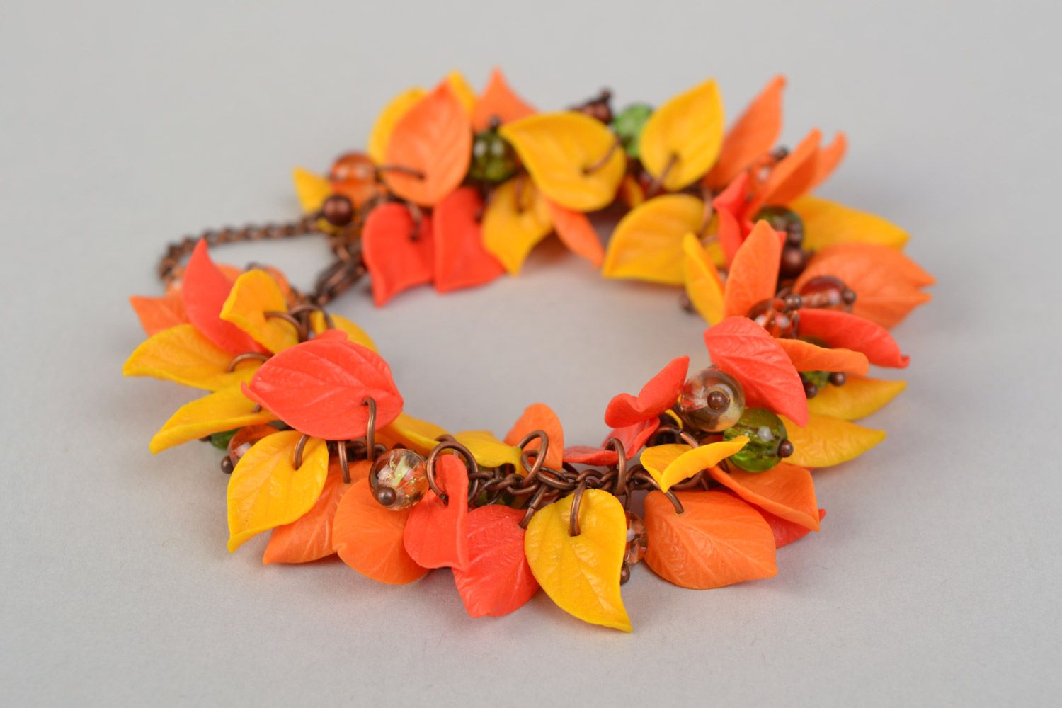 Handmade metal chain wrist bracelet with polymer clay leaves in autumn colors photo 4