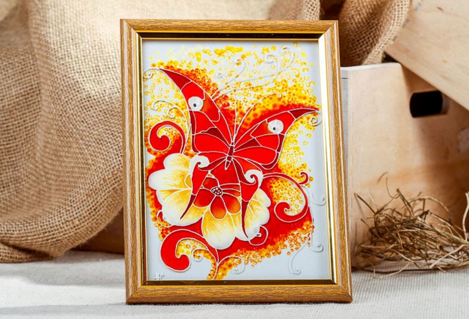 Stained glass picture in wooden frame Flamy butterfly photo 1