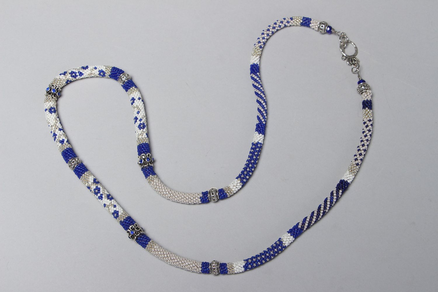 Handmade Japanese beaded cord necklace Blue Flowers photo 1