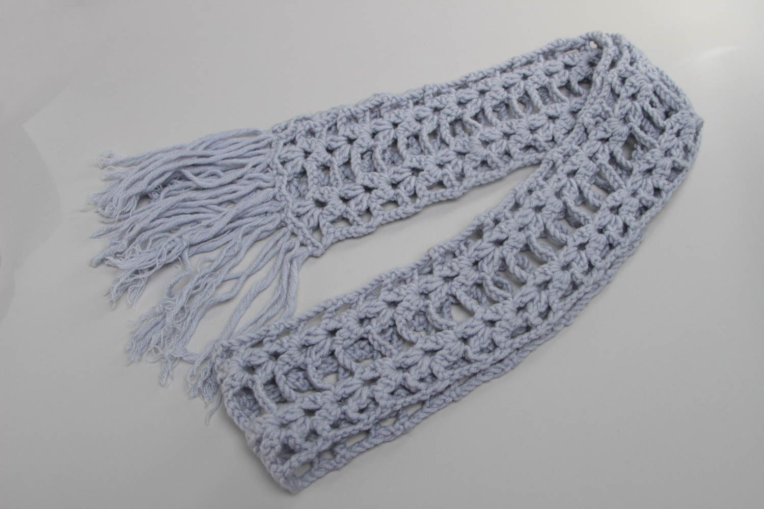 Beautiful handmade long gray crochet scarf created of wool and acrylic threads photo 2