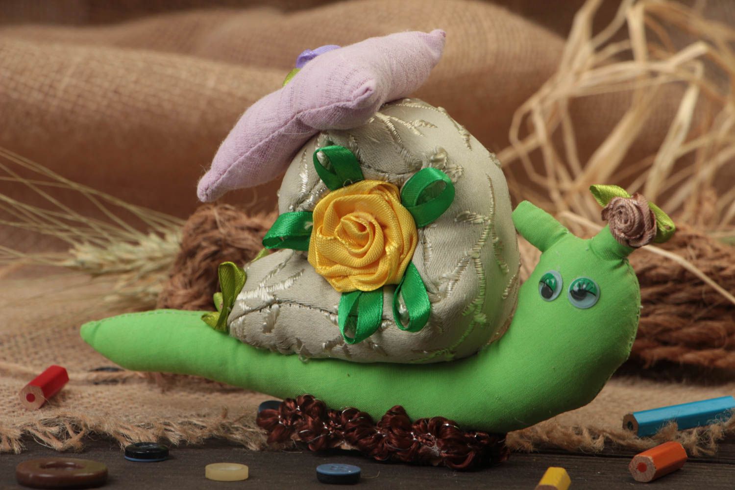 Unusual beautiful handmade soft toy green textile snail photo 1