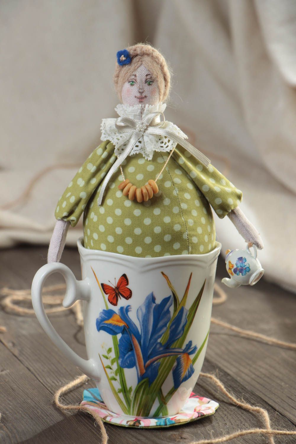 Handmade collectible fabric soft doll Tea Fairy in green dress sitting in a cup photo 1