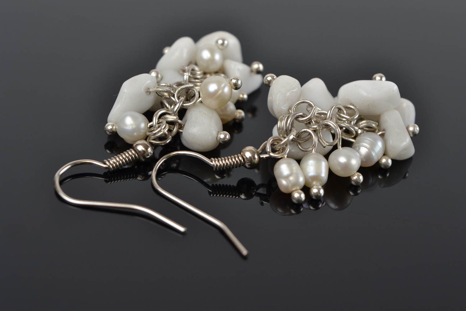 Beautiful handmade women's white woven earrings with natural stone beads photo 1