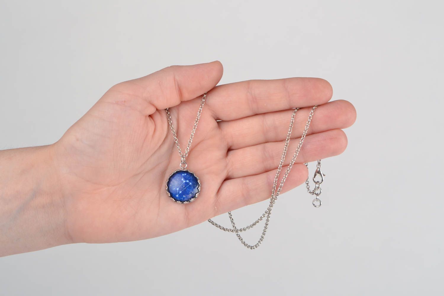 Handmade designer glass pendant on long metal chain with Zodiac sign Leo photo 2