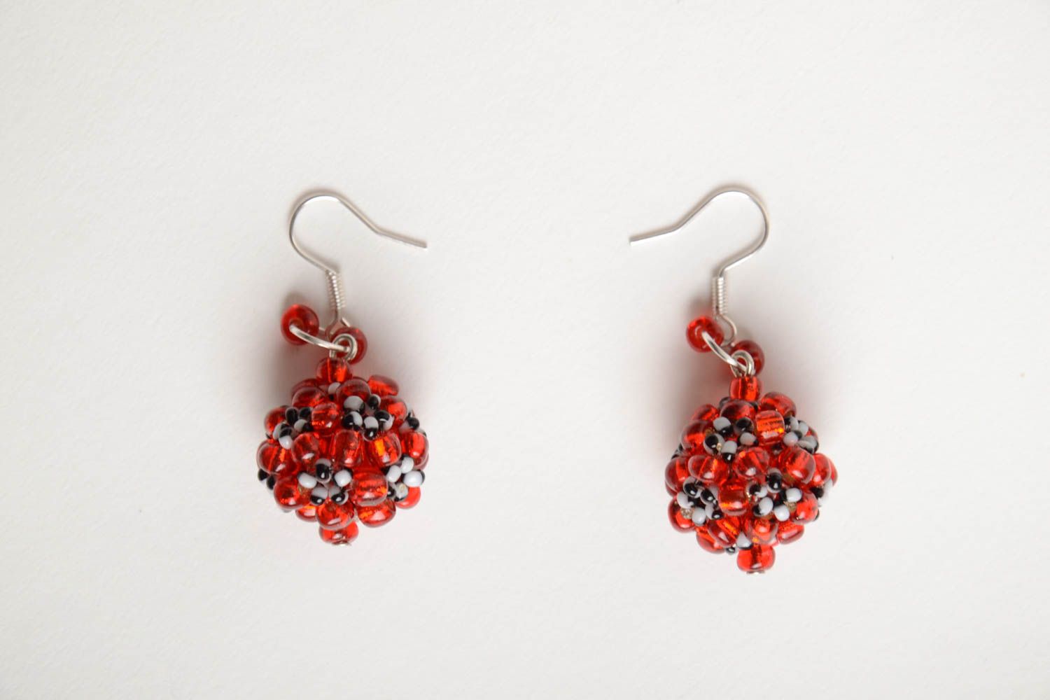 Handmade designer ball shaped dangling earrings crocheted of red Czech beads photo 5