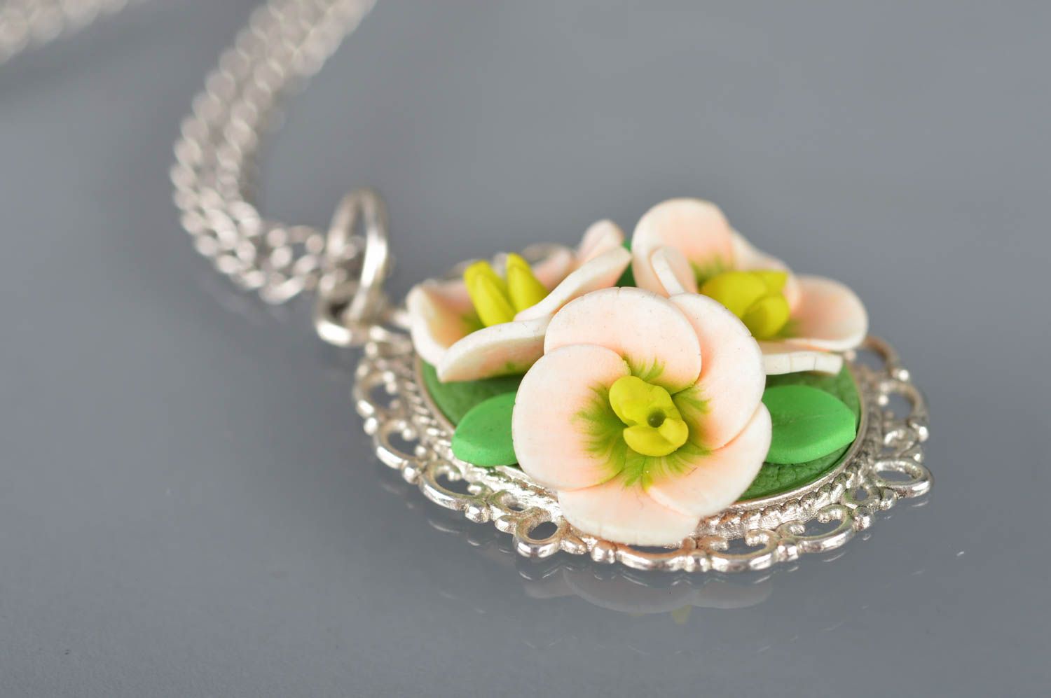 Polymer clay pendant handmade accessory with flowers  vintage jewelry photo 4